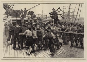 Off para Ashantee, nossos soldados e marinheiros manejando o cabrestante